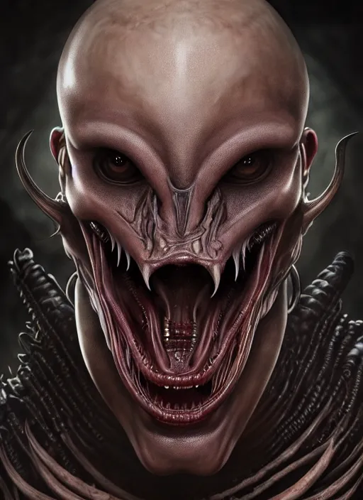 Image similar to ultra realistic, male human predator alien hybrid, fangs, goth, tattoos, leather, fantasy, flesh, bone, body horror, intricate details, eerie, highly detailed, octane render, 8 k, art by artgerm and alphonse mucha and greg rutkowski