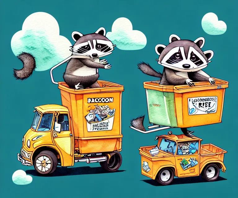 Prompt: cute and funny, racoon riding in a tiny garbage truck, ratfink style by ed roth, centered award winning watercolor pen illustration, isometric illustration by chihiro iwasaki, edited by range murata, tiny details by artgerm and watercolor girl, symmetrically isometrically centered, sharply focused