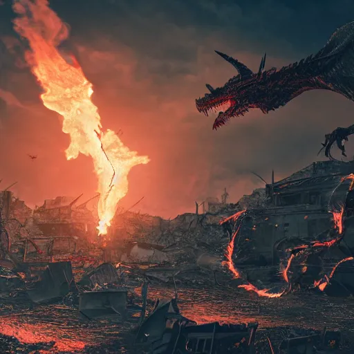 Image similar to post apocalyptic earth with fire everywhere and destroyed buildings with a dragon flying above breathing fire, surreal, sharp focus, digital art, epic composition, concept art, dynamic lighting, intricate, highly detailed, 8 k, unreal engine, blender render
