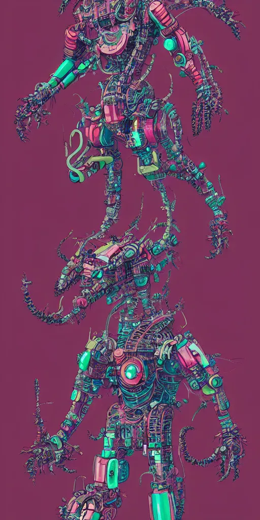 Image similar to a detailed design drawings of a colorful cyberpunk mechanical kaiju creature by tomer hanuka and by katsuhika hokusai trending on artstation