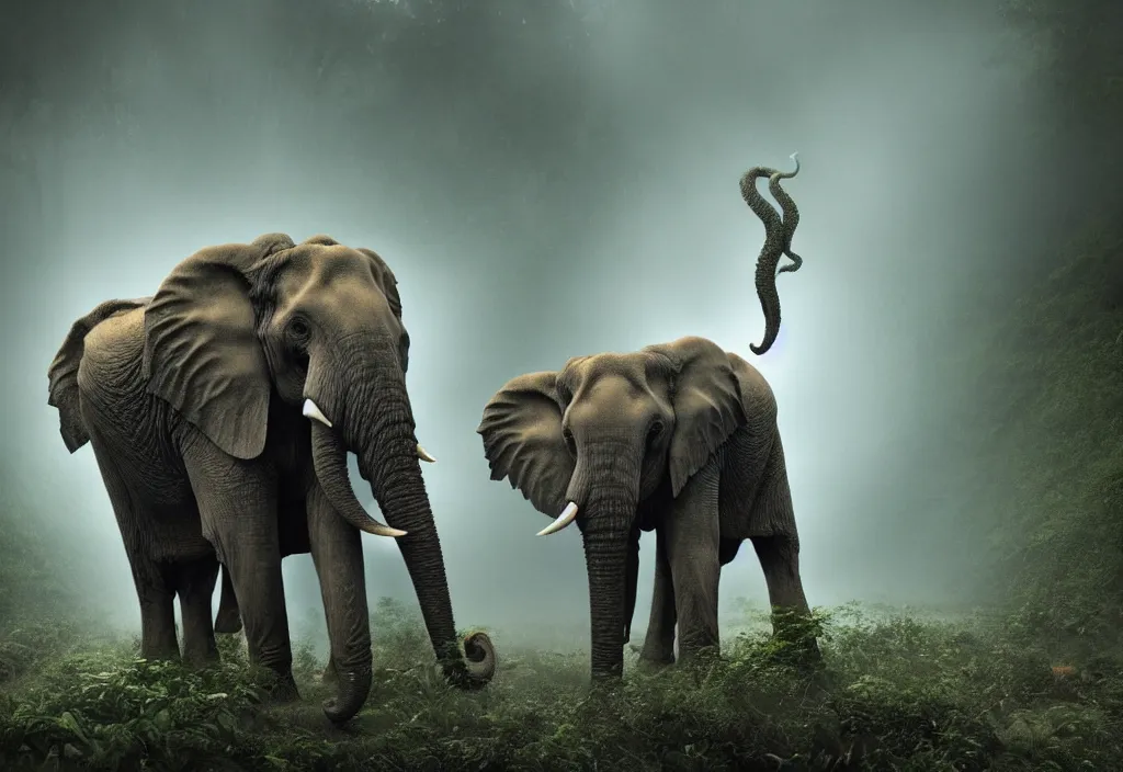 Image similar to an enormous elephant king, his trunk is a huge tentacle, in a jungle with ominous light from above, ambient light, fog, river, symmetrical, poetic