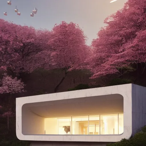 Prompt: futuristic rectangular beige house with courtyard, on a hill surrounded by big sakura trees, dramatic lighting, artstation, matte painting, raphael lacoste, simon stalenhag, frank lloyd wright, zaha hadid, drone view