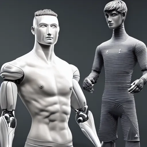 Prompt: a realistic detailed photo of a guy who is an attractive humanoid who is half robot and half humanoid, who is a male android, attractive and handsome soccer players, shiny skin, posing like a statue, blank stare, in a factory, on display, showing off his muscles, wearing soccer shorts, side view, looking at each other mindlessly