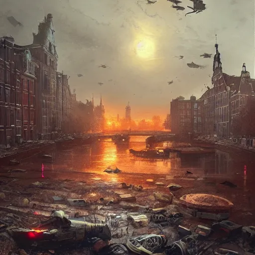 Image similar to amsterdam in a post apocalyptic earth as seen by greg rutkowski, dark theme, enchanted, warm colors, high quality, waw, trending on artstation