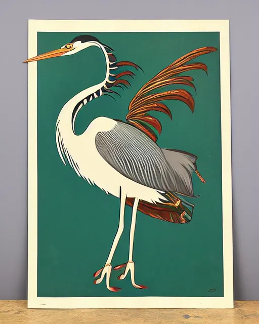 Prompt: vintage art deco hybrid animal poster depicting a heron with cat ears and paws