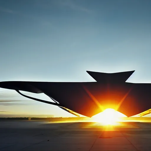 Image similar to an airplane designed by boeing and zaha hadid, dramatic lighting, sunrise, bokeh