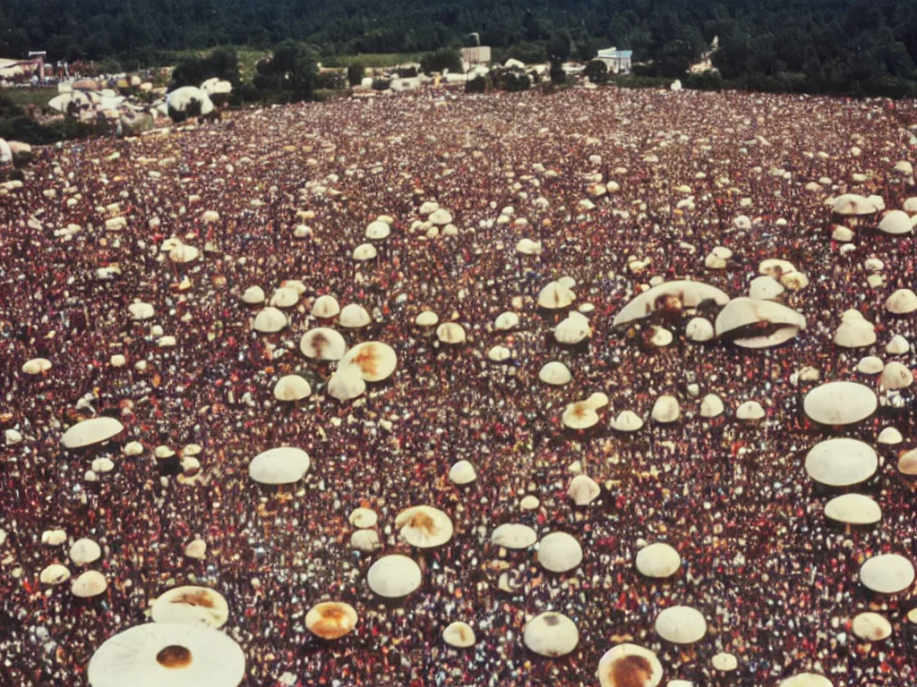 Image similar to 70s photo of trippy hippy festival Woodstock stage with giant mushrooms