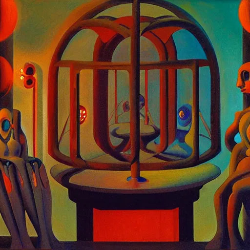 Image similar to three biomorphic robotic seers watchers oracles soothsayers with glowing eyes, inside a dome, pj crook, grant wood, edward hopper, syd mead, chiaroscuro, oil on canvas