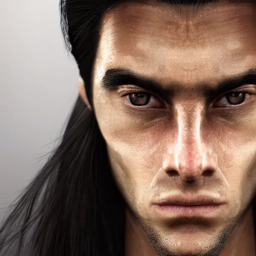 Image similar to portrait close up of a man with a very square and large jaw, his face lines are harsh, he he is shaved but long black hair, he looks like a cave man bronze, soft lighting, rough lines, matte painting