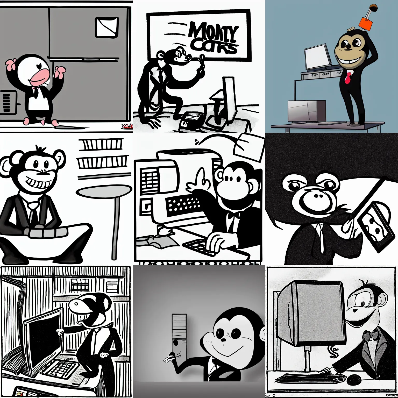 Prompt: monkey in a suit hits a desktop computer with a large mallet, cartoon, b&w