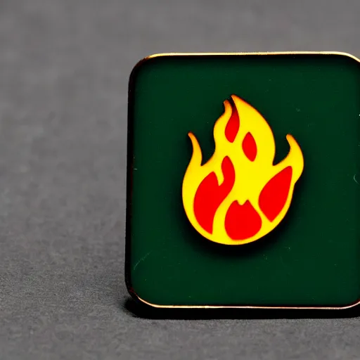 Image similar to a square enamel pin of a fire flames blaze label, smooth curves, behance