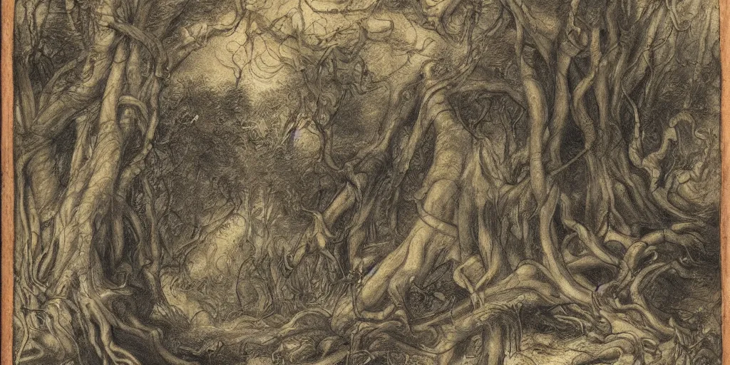 Image similar to expressive cloaked flowing shadow demon lurking in a dense creepy, mythical woodland. beautiful angles holding golden chains in the sky. 1 7 th century colored graphite heightened with opaque paints miniature on vellum.