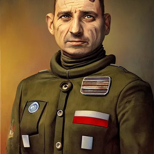 Prompt: id photo of a space officer in military outfit, art by tomasz alen kopera