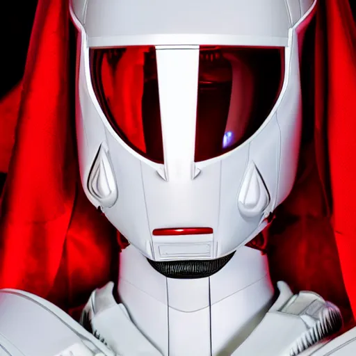 Image similar to headshot of an beautiful female soldier in futuristic intricate glossy sleek white armor with tiny red details and a long red cape, downward angle, determined expression, no helmet, on the surface of mars, night time, cinematic, sci-fi, hyperrealistic