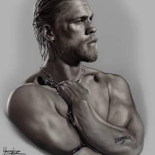 Prompt: Portrait of Jax Teller, intricate upper body, highly detailed, digital painting, artstation, concept art, smooth, sharp focus, illustration, art by Hajime Sorayama