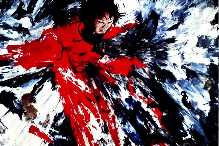 Prompt: movie screenshot of akira ( 1 9 8 8 ) tetsuo in a white superhero suit / mask and red cape, by ashley wood, yoji shinkawa, 6 0's french movie poster, french impressionism, palette knife and wide brush strokes, black and white only