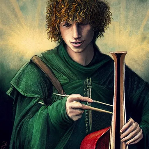 Image similar to kvothe from name of the wind playing or restringing his lute, serenading the sunset, huntsman, medieval, green cape, fire red hair by Aleksi Briclot, illustrated in oil paints and charcol, award winning