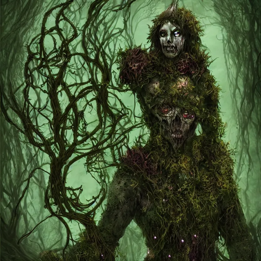 Image similar to an undead druid/knight covered in moss and vines in the style of anti-art trending on artstation deviantart Pinterest detailed realistic HD 8k High Resolution