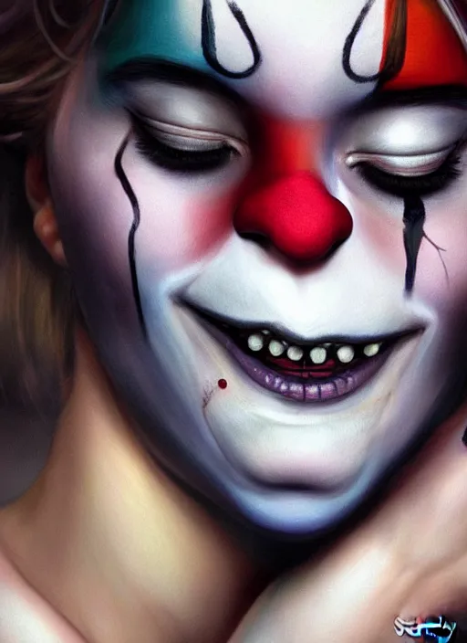 Image similar to photo of a gorgeous sad clown woman crying in the style of stefan kostic, realistic, sharp focus, 8 k high definition, insanely detailed, intricate, elegant, art by stanley lau and artgerm