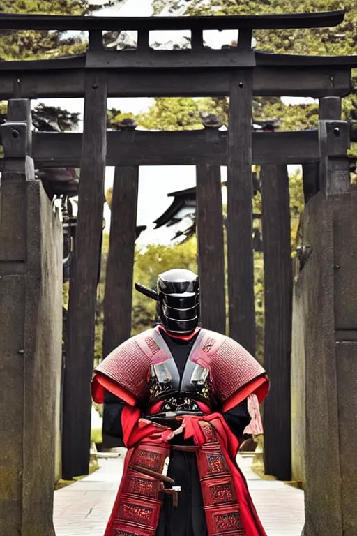 Prompt: a godlike and indomitable traditional Edo period samurai helmeted and masked samurai dramatically posing with their weapons under an enormous Torii gate, the rising sun in the background. Badass pose. Photo realistic. Award winning