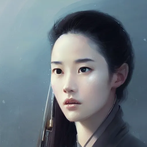 Image similar to “ portrait of liu yifei by greg rutkowski, young, attractive, highly detailed portrait, scifi, digital painting, artstation, concept art, smooth, sharp foccus ilustration, artstation hq ”