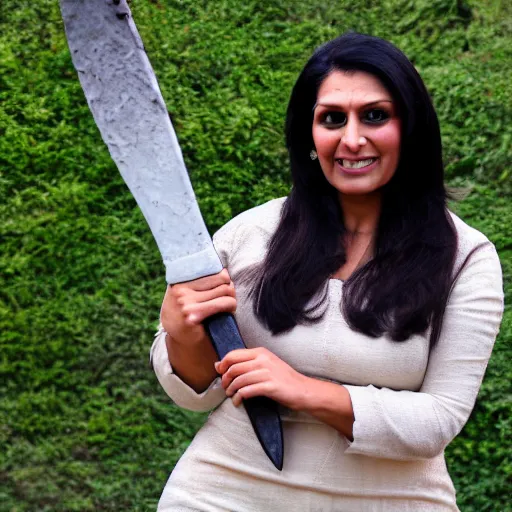 Image similar to A medium shot photograph of priti patel holding a large medieval axe, 4k , HD