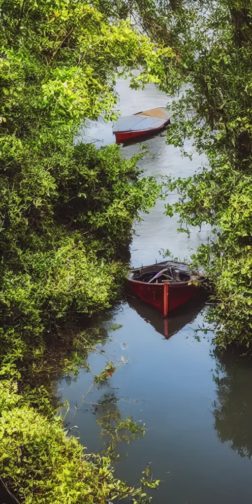 Prompt: a boat in a beautiful leak with nature around it