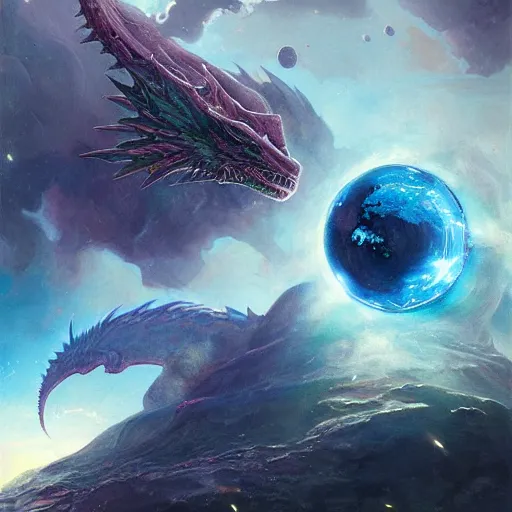 Prompt: Blue scaled chrystalline dragon devouring a planet in space, sun system, nebula, oil painting, by Fernanda Suarez and Edgar Maxence and Greg Rutkowski