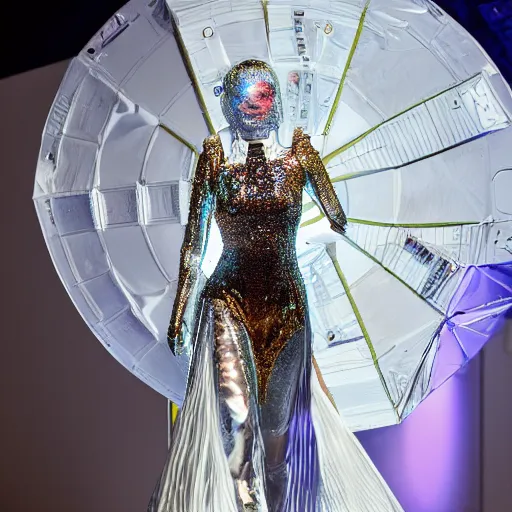 Image similar to hybrid model astronaut walking down a catwalk, elaborate dress by alexander mcqueen, stage lighting, sigma 8 5 mm f 1 6, art by studio clamp, real