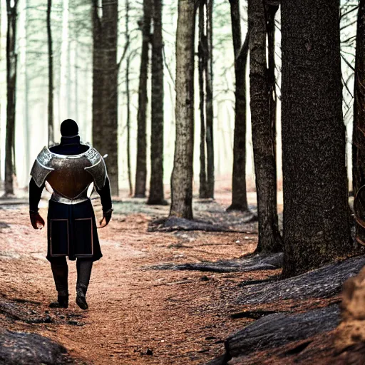 Prompt: a mam wearing medieval knights armor walking in a forest fire, photography, movie still, dslr 5 5 mm, 4 k