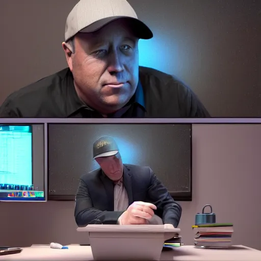 Image similar to hyperrealistic mixed media image of info wars alex jones wearing hat at desk, stunning 3 d render inspired art by xiang duan and thomas eakes and greg rutkowski, perfect facial symmetry, hyper realistic texture, realistic, highly detailed attributes and atmosphere, dim volumetric cinematic lighting, 8 k octane detailed render, post - processing, masterpiece,