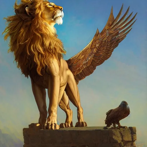 Image similar to a realistic oil painting of a winged lion's body with an eagle head, at night with a sky full of stars, highly detailed, trending on artstation, by james gurney and michael whelan and krenz cushart and alphonse mucha