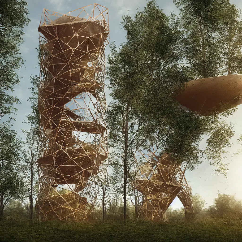 Image similar to “Hyper realistic, double helix shaped corten steel observation tower in a forest, Future design, architecture design, parametric architecture, covers by textile, environment, morning light, Cinematography, mega scans, cinematic, hyper realistic, photo real, cinematic composition, highly detailed, vray, 8k render”