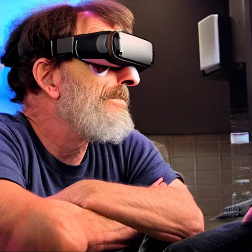 Prompt: terrance mckenna in virtual reality playing mindcraft with stephen king