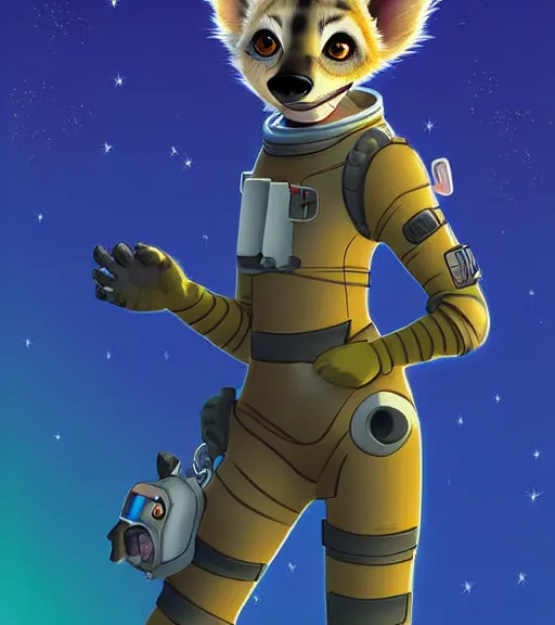 Image similar to digital detailed art of furry female hyena, in style of zootopia, fursona, furry, furaffinity, deviantart, wearing astronaut outfit, in style of mark arian, floating in space, space background, hyena fursona, cyberpunk, female, detailed face, style of artgerm,