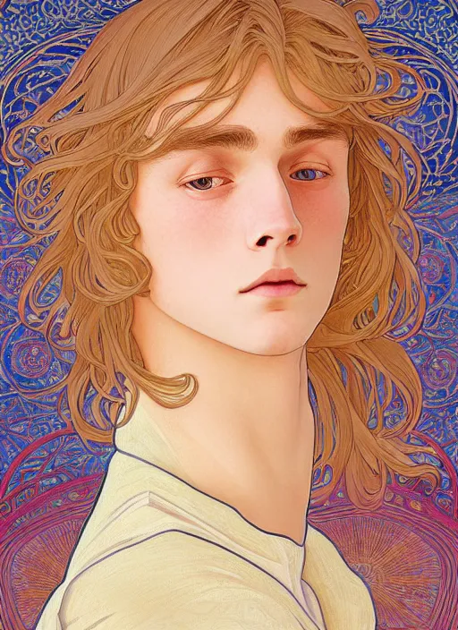 Image similar to pretty young man with shoulder length shiny shimmering golden blond hair, half body shot, emotional, decorative flower patterned background, path traced, highly detailed, high quality, digital painting, by studio ghibli and alphonse mucha, leesha hannigan, hidari, disney, jules bastien - lepage