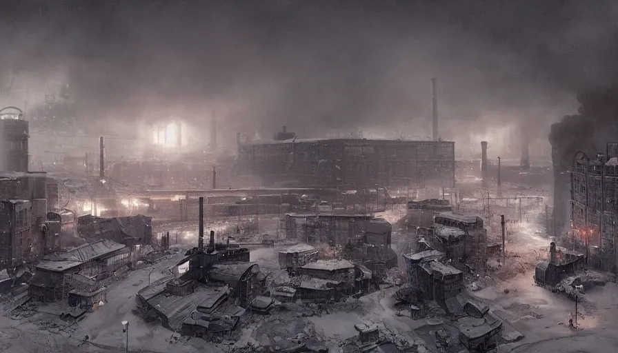 Image similar to Dieselpunk Norilsk city, snow, steam, factory plants with dark smoke in the background, epic composition, intricate, elegant, volumetric lighting, digital painting, highly detailed, artstation, sharp focus, illustration, concept art, ruan jia, steve mccurry