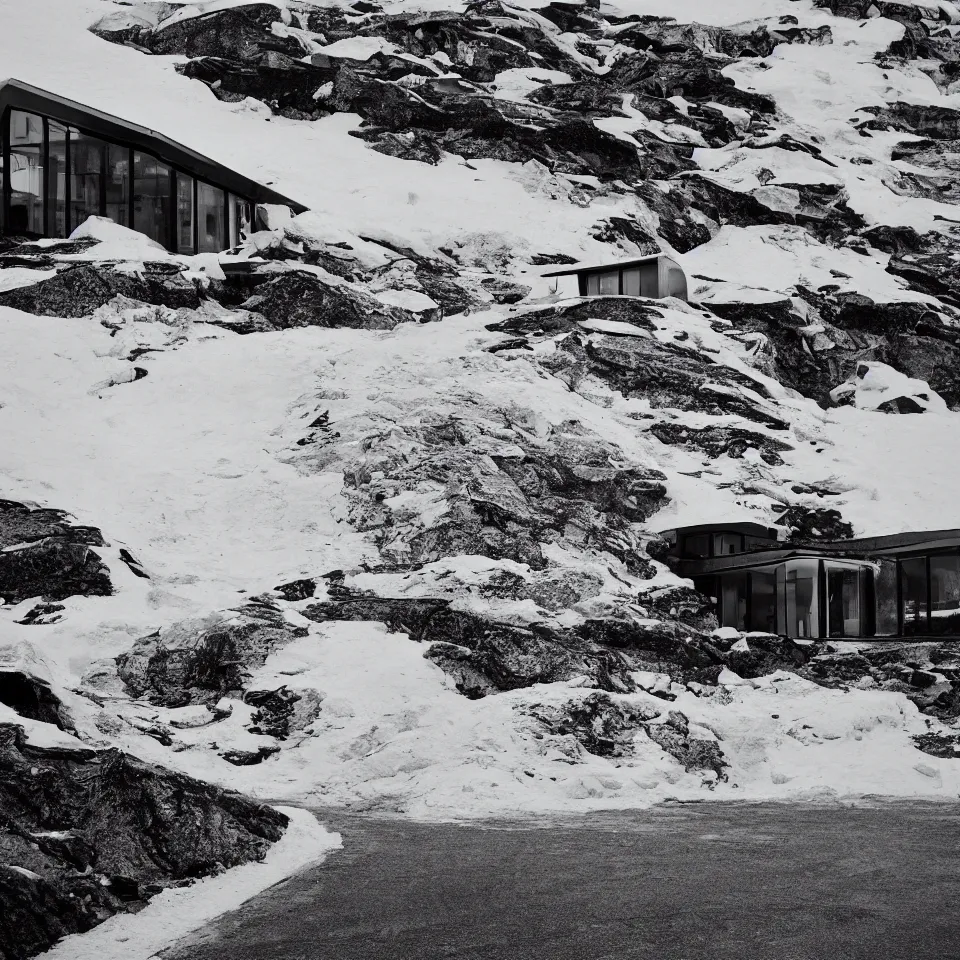 Prompt: an asphalt road leading to a mid-century modern house with large windows on top of a cliff in the arctic, covered with snow, designed by Frank Gehry. Big tiles. Film grain, cinematic, yellow hue