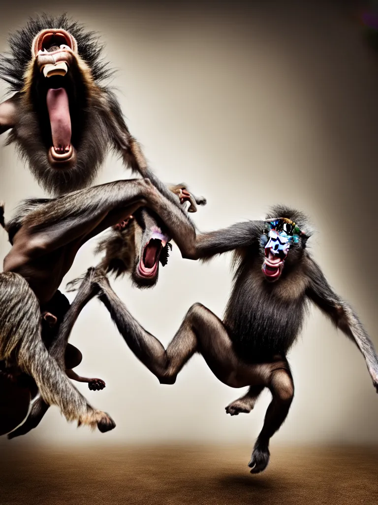 Image similar to a formal portrait photograph of a screaming man transforming into a baboon and horse simultaneously