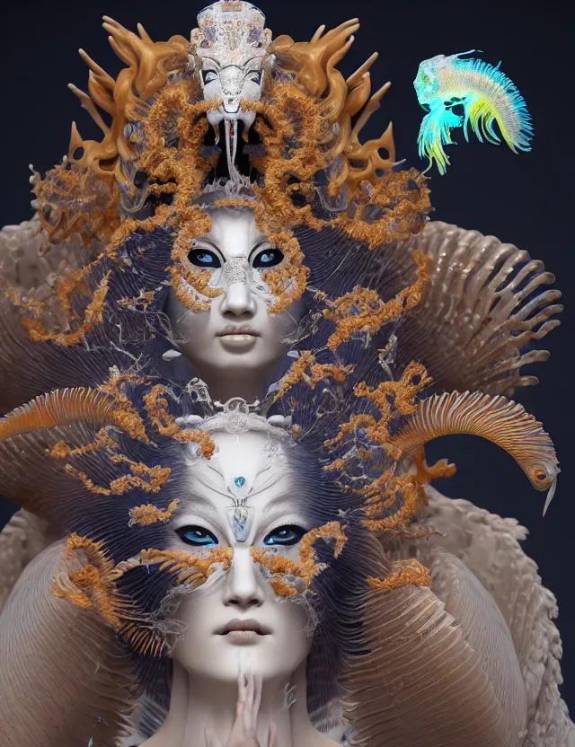 Image similar to 3 d goddess close - up 3 / 4 portrait with ram skull. beautiful intricately detailed japanese crow kitsune mask and clasical japanese kimono. betta fish, jellyfish phoenix, bio luminescent, plasma, ice, water, wind, creature, artwork by tooth wu and wlop and beeple and greg rutkowski