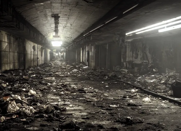 Prompt: dark, dirty, underground metro, abandoned, creepy, piles of trash and junk, low brightness, cinematic lighting