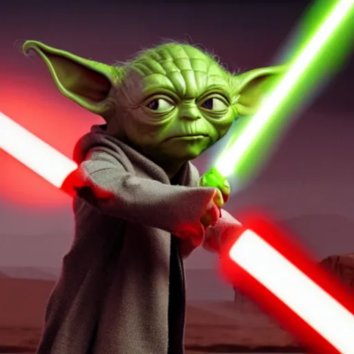 Prompt: elon musk fighting yoda wwith a lightsaber, sharp, detailed face, 8 k, octane render