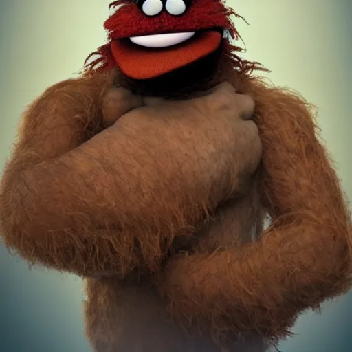 Image similar to a still of a forgotten muppet character looking very manly and modern, hilarious, laughing, hairy chest, huge chin, manly monster tough guy, roughled fur, photo real, photographic, photograph, artstation, trending, featured