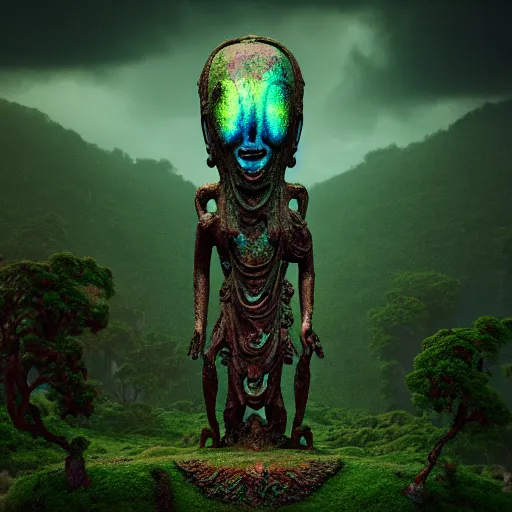 Prompt: ancient dead god being in desolate and lush landscape, moody, iridescent, opalescent :: by James Jean, Jeff Koons, Dan McPharlin Daniel Merrian :: ornate, dynamic, particulate, rich colors, intricate, elegant, highly detailed, centered, artstation, smooth, sharp focus, octane render, 3d