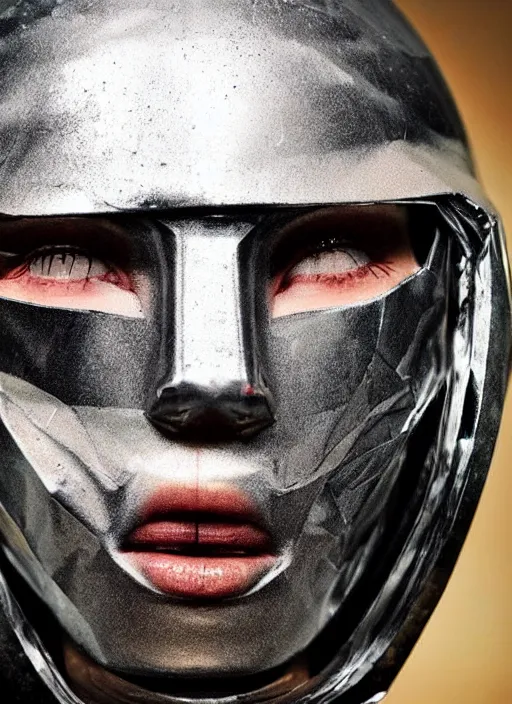 Prompt: beautiful extreme closeup portrait photo in style of frontiers in scratched! crumpled Helmet of Emperor Charles V the Wise, faint cool aluminum luster , narcotic beautiful stylishly elegant balenciaga Mature!! sexy glance , crying makeup, bite her lip , puffs of thick black smoke, lightning, UFO, science fashion magazine September retrofuturism edition, highly detailed, soft lighting, elegant , 85mm, Edward Hopper and James Gilleard, Zdzislaw Beksinski, Steven Outram