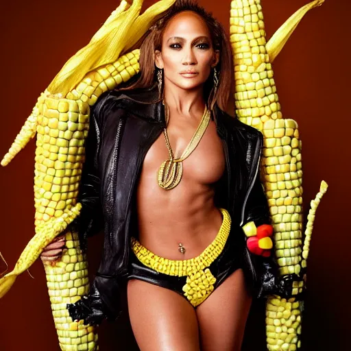 Image similar to full body photo of jennifer lopez, she is wearing a funny kid's hallowen costume of corn on a cob, studio lighting