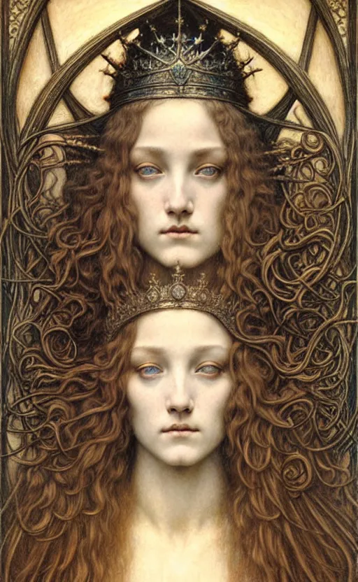 Image similar to detailed realistic beautiful young medieval queen face portrait by jean delville, gustave dore and marco mazzoni, art nouveau, symbolist, visionary, gothic, pre - raphaelite. horizontal symmetry