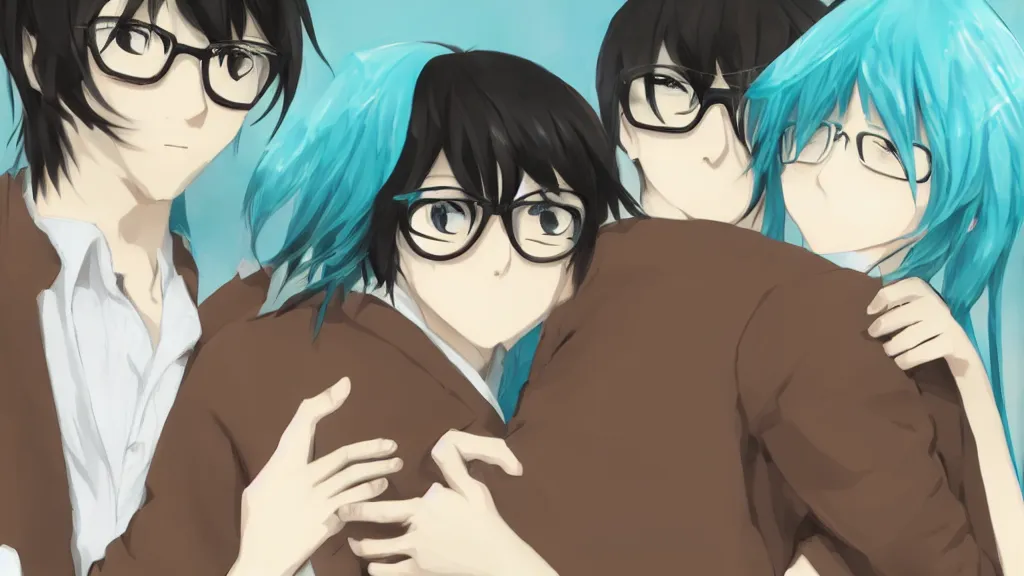 Prompt: Hatsune Miku hugging a bearded man with brown hair and glasses, by Makoto Shinkai