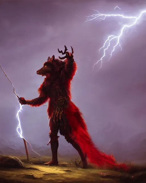 Prompt: oil painting of Anthropomorphized Wolf Shaman holding magical lightning staff, wearing red fur cloak, sharp focus, , magical aura, heroic pose, fantasy style, octane render, volumetric lighting, 8k high definition, by greg rutkowski, highly detailed, trending on art Station, magic the gathering artwork, Lightning storm background, centered