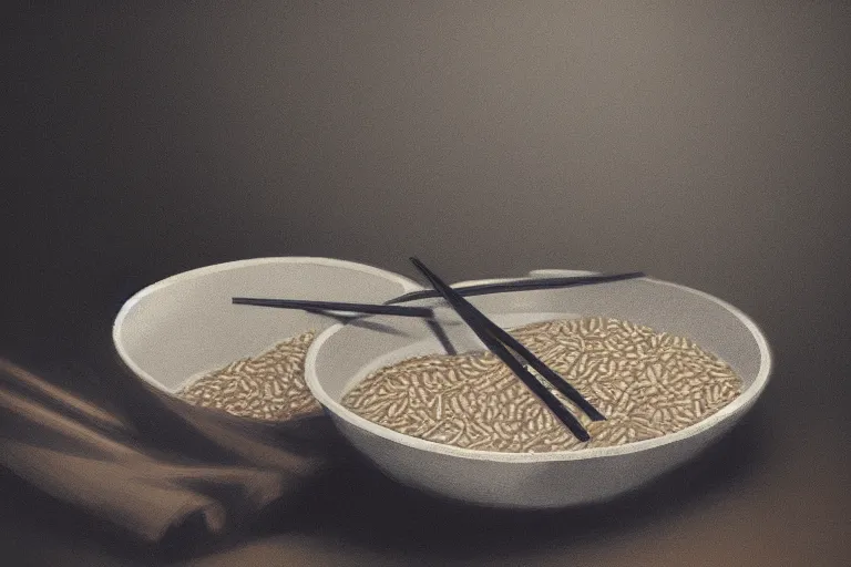 Prompt: an empty bowl with a few rice grains and broken chinese chopsticks, on a dirty table in poor apartments, running rat, dark atmosphere, digital art, trending on artstation